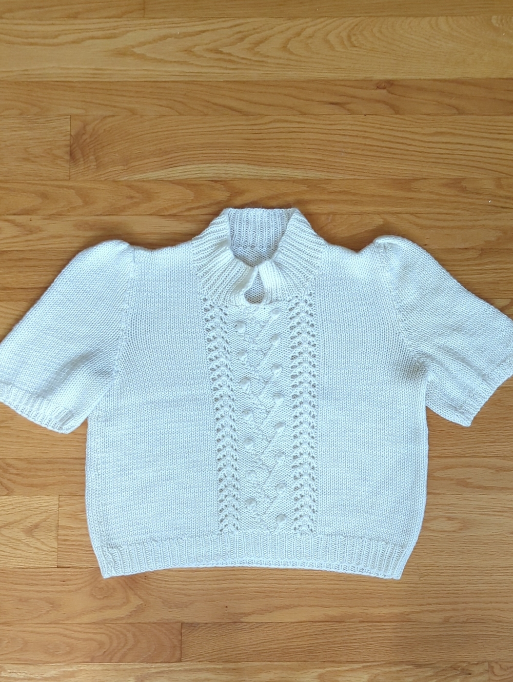 Short-Sleeve Cream Cable-Knit Mock Neck Sweater
